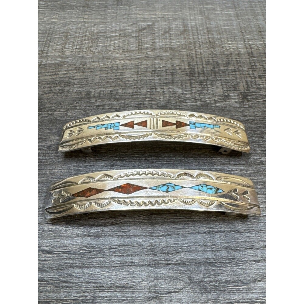 2 Vtg Navajo Native Stamped Sterling Turquoise Coral Inlay Hair Clip Barrette 3”